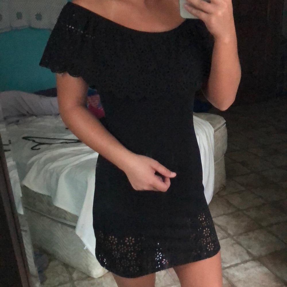 Black off shoulder ruffle